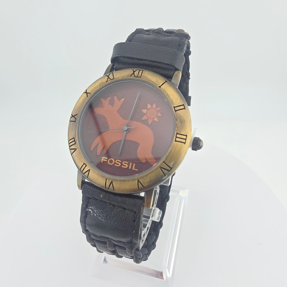 Vtg RARE 1992 FOSSIL Antler Watch Leather Dial Black Leather Band Deer 5 Legs 8"